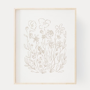 Minimal Floral Art Print, Printable Wall Art, Beige Flower Drawing, Modern Floral Decor, Neutral Wall Art, Floral Illustration Print