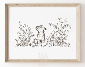 Lion Cub Wall Art, Safari Animal Artwork, Printable Wall Art, Baby Room Decor, Gender Neutral Nursery Print, Kids Bathroom Art