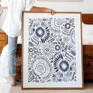 Navy Floral Wall Art, Blue Botanical Print, Printable Wall Art, Modern Flower Art, Neutral Room Decor, Abstract Floral Art for Bedroom