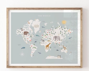 Animal World Map Print, Printable Wall Art, Kids Room Decor, Educational Geography Art, Adventure Nursery Art, Playroom Map Poster