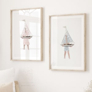 Nautical Nursery Print Set, Coastal Print Set for Twins, Printable Wall Art, Kids Bathroom Decor, Playroom Wall Art, Sailboat Wall Art Print