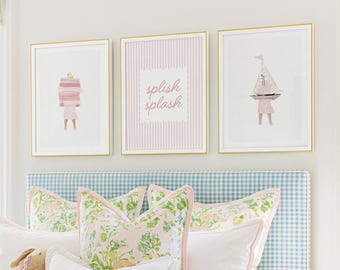 Girls Bathroom Wall Art Set of 3 - Pink Nursery Prints (Digital Download)