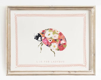 Pink and Red Floral Ladybug Wall Art - Whimsical Bug Illustration (Digital Download)