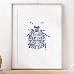 Blue Floral Ladybug Art, Printable Wall Art, Girls Room Decor, Botanical Bug Print, Nature Artwork, Office Decor, Watercolor Insect Art