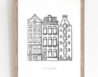 Amsterdam Canal Houses Print: Black and White Line Art Illustration (Digital Download)