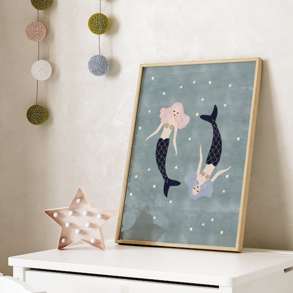 Meerjungfrau Art Print, Meerjungfrau druckbare, druckbare Wandkunst, Mädchen Raum Dekor, Boho Kinderzimmer, wunderliche Kinderzimmer Kunst, Kinder Zimmer Drucke, Meer Kunst