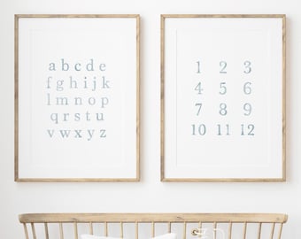 Watercolour Alphabet and Number Set, Educational Printable Wall Art, Boys Nursery Decor, Blue Kids Room Print, Neutral Playroom Artwork