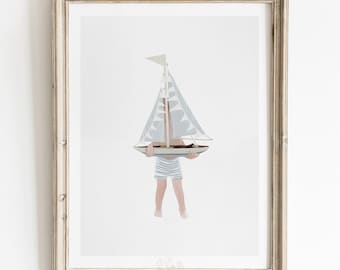 Sailboat Kids Wall Art, Coastal Nursery Decor, Printable Wall Art, Beach House Art Print, Boys Nautical Wall Art, Ocean Theme Wall Art
