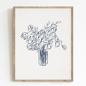 Floral Line Art Print, Printable Wall Art, Minimalist Botanical Drawing, Navy Blue Flower Artwork, Modern Home Decor, Monochrome Art