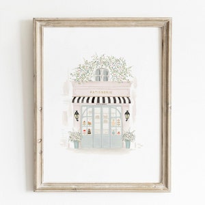 French Bakery Art, Paris Cafe Print, Patisserie Watercolor, Printable Wall Art, Girls Room Decor, Kitchen Wall Art, French Nursery Print