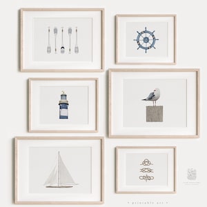 Horizontal Blue and White Coastal Wall Art: Set of 6 Kids Gallery Wall Prints