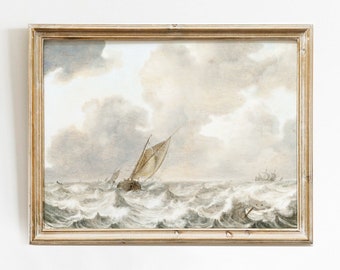 Vintage Sailboat Art Print, Moody Ocean, Stormy Seas (Digital Download)