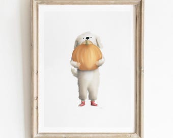 Boy in Puppy Costume with Pumpkin Print - Fall Nursery Wall Art (Digital Download)