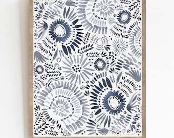 Abstract Navy Floral Wall Art - Boho Watercolor Print (Digital Download)