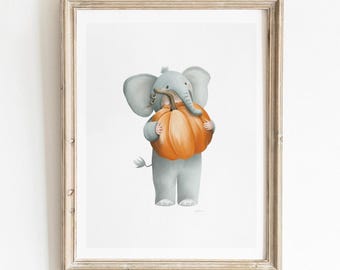 Child in Elephant Costume Print - Pumpkin Halloween Wall Art (Digital Download)