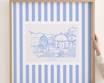Blue and White Santorini Wall Art: Striped Coastal Greece Print
