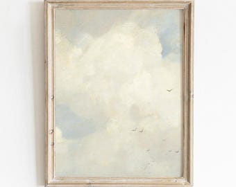 Vintage Clouds with Birds Print - Neutral Nursery Painting (Digital Download)