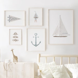 Boys Coastal Print Art Set, Nautical Wall Art, Printable Wall Art, Kids Room Decor, Sailboat Nursery Art, Blue and White Gallery Wall Art