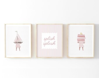 Girls Bathroom Wall Art Set of 3 - Pink Nursery Prints (Digital Download)