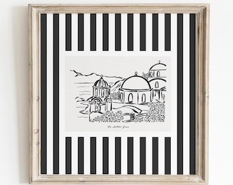 Santorini Wall Art - Black and White Greek Island Sketch (Digital Download)