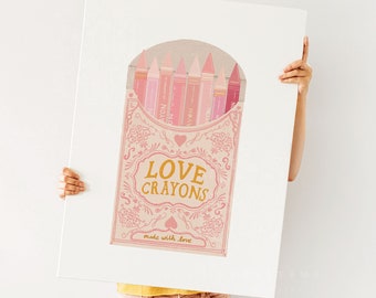 Love Crayons Printable Art, Vintage-Inspired Crayon Box Digital Print, Whimsical Nursery Decor Download, Valentines Printable, Nursery Decor