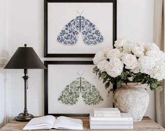 Floral Moth Print Set - Blue and Green Printable Wall Art