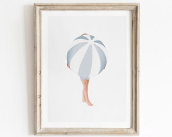 Boy Holding Blue Beach Ball Print: Coastal Children’s Wall Art (Digital Download)