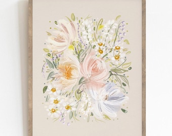 Pastel Floral Wall Art, Botanical Print, Printable Wall Art, Neutral Flower Decor, Cottagecore Aesthetic, Boho Bedroom Art Print