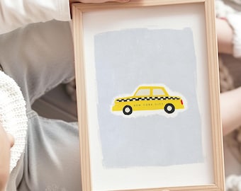 Lámina de taxi amarillo, arte mural infantil imprimible, decoración infantil de transporte, arte para habitación de niño, ilustración de taxi de Nueva York, arte mural de coche
