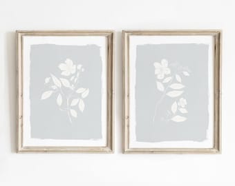 Blue Botanical Print Set - Neutral Floral Wall Art (Digital Download)