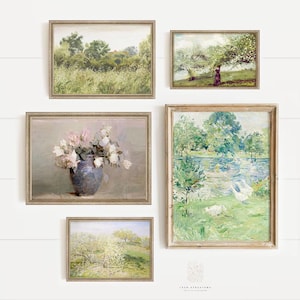 Vintage Floral and Landscape Wall Art Set: Nature Prints in Green and Neutral Tones (Digital Download)