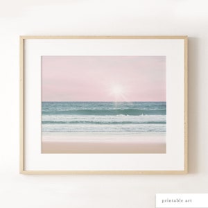 Pink Sunset Print, Printable Beach Art, Ocean Sunset print, Ocean Sunset Wall Art, Pink Beach Print, Pink Sky Printable, Beach Decor