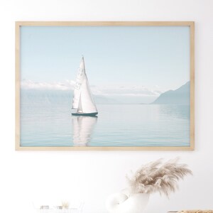 Coastal Landscape Photography Print, Sailboat Wall Art, Printable Wall Art, Lake Art Print, Blue and White Sailing Art, Calm Nautical Decor
