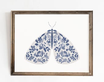 Blue Floral Moth Wall Art: Minimal Insect Illustration