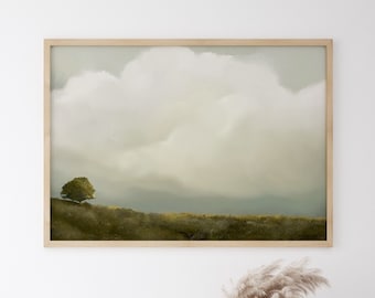 Country Landscape Art, Wildflower Landscape Print, Printable Wall Art, Moody Landscape Painting, Stormy Sky Painting, Dark Nature Wall Art