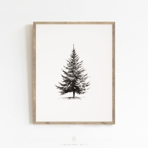 Minimalist Snowy Pine Tree Sketch, Black And White Winter Wall Art, Printable Wall Art, Scandinavian Christmas Decor, Nature Art Print