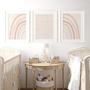 Framed pastel rainbow and pattern art set, ideal for creating a minimalist and modern vibe in a nursery or kids room.