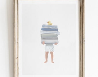 Boys Bathroom Art Print, Whimsical Kids Bathroom Art, Printable Wall Art, Minimalist Kids Decor, Washroom Art Print, Towel Wall Art Print