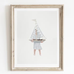 Girls Blue and White Nautical Print, Striped Sailboat Art, Printable Wall Art, Coastal Nursery Decor, Kids Boat Art, Modern Sailing Print