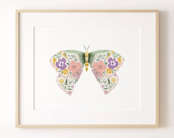 Floral Butterfly Wall Art: Pink and Green Insect Illustration