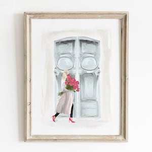 Aquarel print Parijs deur, kunst aan de muur tienermeisje, afdrukbare muurkunst, decor meisjes kamer, bloemenkunst print, Parijse kunst print, Parijse kunst print, Parijs deur kunst aan de muur, afdrukbare muur kunst