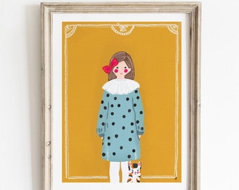 Whimsical Girl Illustration, Vintage Style, Printable Wall Art, Nursery Decor, Playroom Artwork, Gold and Blue Kids Room Print