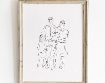 5 Character Custom Portrait Wall Art: Family Line Art Illustration