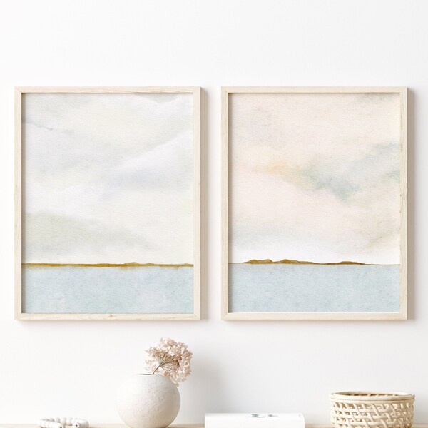 Coastal Watercolor Art, Watercolor Print, Printable Wall Art, Landscape Painting, Coastal Decor, Coastal Print Set, Lake Watercolor Art