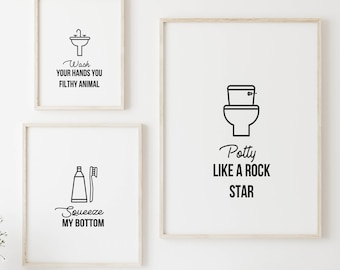 Funny Bathroom Wall Art, Kids Washroom Decor, Printable Wall Art, Boys Bathroom Prints, Girls Bathroom Art, Black and White Toilet Print Set