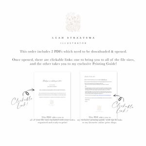 Puede incluir: Dos archivos PDF con enlaces clicables. El primer PDF contiene todos los tama&ntilde;os de archivo de tu pedido, organizados y listos para imprimir. El segundo PDF es una gu&iacute;a de impresi&oacute;n con consejos y enlaces a tiendas de impresi&oacute;n en l&iacute;nea.