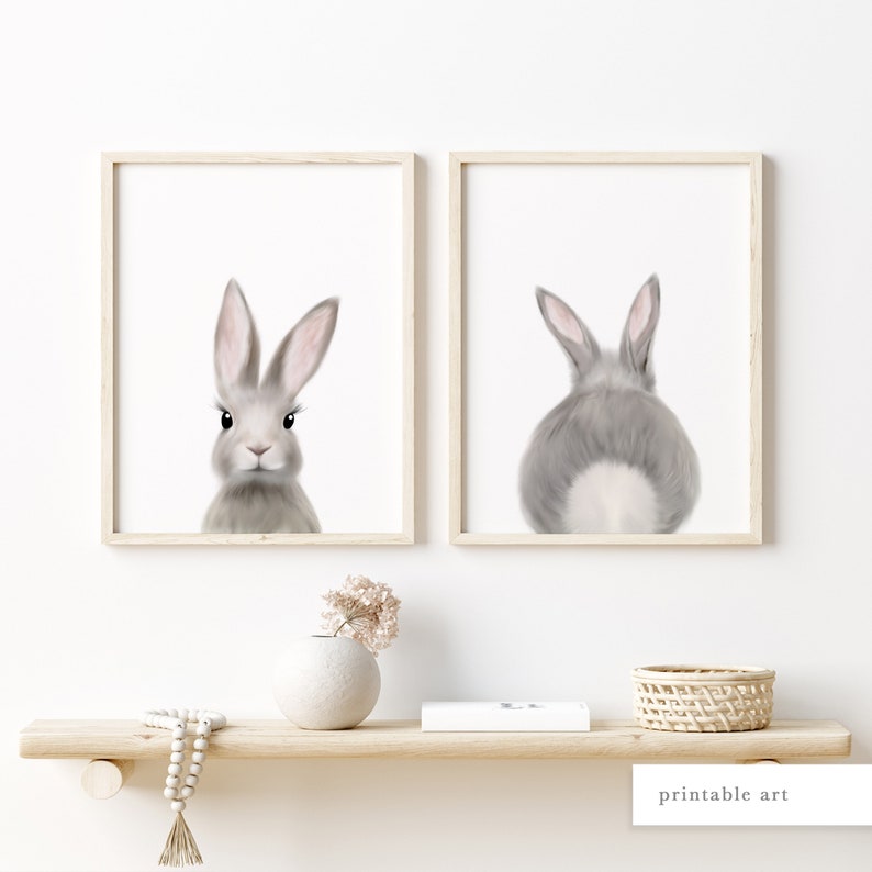 May include: Two framed prints of a gray rabbit, one showing the front and the other showing the back. The prints are on a white background and are in wooden frames.