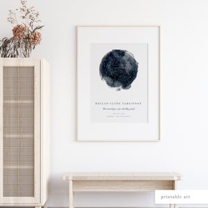 Custom star chart featuring the night sky at a specific date and location, framed on a wall in a tranquil space in a home.