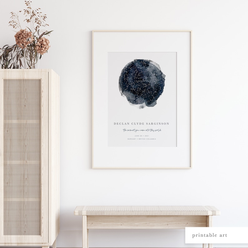 Custom star chart featuring the night sky at a specific date and location, framed on a wall in a tranquil space in a home.