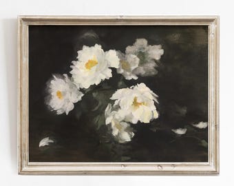 Dark Floral Print - White Peony Wall Art (Digital Download)
